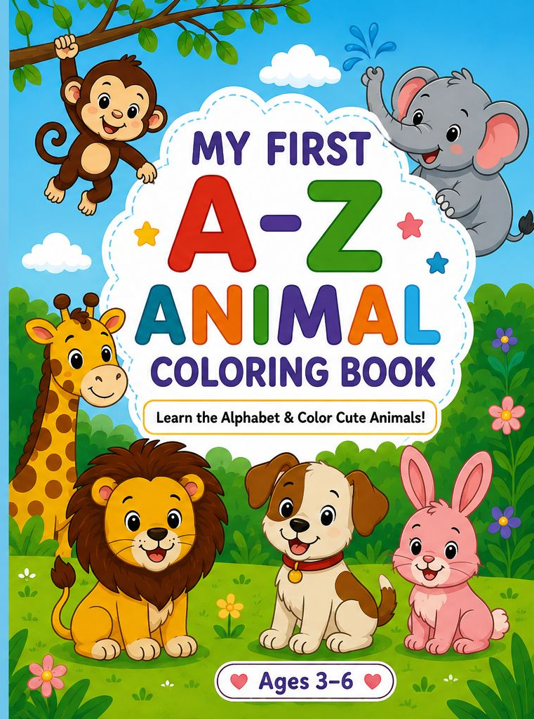 Portada de My First A-Z Animal Coloring Book, con un mono, un elefante, una jirafa, un león, un perro y un conejo